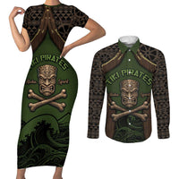 Personalised Hawaii Tiki Pirates Couples Matching Short Sleeve Bodycon Dress and Long Sleeve Button Shirt Kakau Pattern Polynesian Style