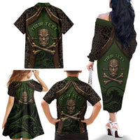 Personalised Hawaii Tiki Pirates Family Matching Off The Shoulder Long Sleeve Dress and Hawaiian Shirt Kakau Pattern Polynesian Style