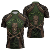 Personalised Hawaii Tiki Pirates Zipper Polo Shirt Kakau Pattern Polynesian Style