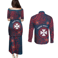Personalised Wallis And Futuna Couples Matching Puletasi and Long Sleeve Button Shirt Hibiscus Polynesian Tribal Pattern
