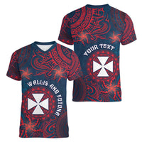 Personalised Wallis And Futuna Women V-Neck T-Shirt Hibiscus Polynesian Tribal Pattern