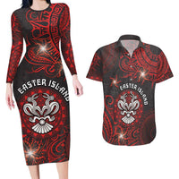 Personalised Easter Island Couples Matching Long Sleeve Bodycon Dress and Hawaiian Shirt Hibiscus Polynesian Tribal Pattern