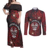 Personalised Easter Island Couples Matching Off Shoulder Maxi Dress and Long Sleeve Button Shirt Hibiscus Polynesian Tribal Pattern DT05 Black - Polynesian Pride