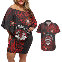 Personalised Easter Island Couples Matching Off Shoulder Short Dress and Hawaiian Shirt Hibiscus Polynesian Tribal Pattern