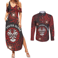 Personalised Easter Island Couples Matching Summer Maxi Dress and Long Sleeve Button Shirt Hibiscus Polynesian Tribal Pattern DT05 Black - Polynesian Pride
