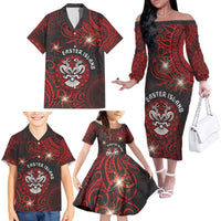 Personalised Easter Island Family Matching Off The Shoulder Long Sleeve Dress and Hawaiian Shirt Hibiscus Polynesian Tribal Pattern