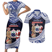 Samoa Christmas Couples Matching Short Sleeve Bodycon Dress and Hawaiian Shirt Samoan Siva Dance With Santa - Polynesian Pride