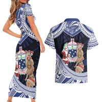 Samoa Christmas Couples Matching Short Sleeve Bodycon Dress and Hawaiian Shirt Samoan Siva Dance With Santa - Polynesian Pride
