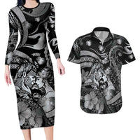 Personalised Maori Romantic Valentine Couples Matching Long Sleeve Bodycon Dress and Hawaiian Shirt The Hongi Kiss Black Galaxy