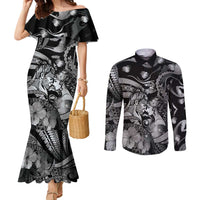 Personalised Maori Romantic Valentine Couples Matching Mermaid Dress and Long Sleeve Button Shirt The Hongi Kiss Black Galaxy DT05 Black - Polynesian Pride