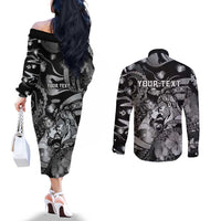 Personalised Maori Romantic Valentine Couples Matching Off The Shoulder Long Sleeve Dress and Long Sleeve Button Shirt The Hongi Kiss Black Galaxy