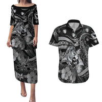 Personalised Maori Romantic Valentine Couples Matching Puletasi and Hawaiian Shirt The Hongi Kiss Black Galaxy