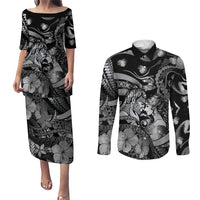Personalised Maori Romantic Valentine Couples Matching Puletasi and Long Sleeve Button Shirt The Hongi Kiss Black Galaxy