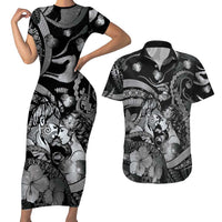 Personalised Maori Romantic Valentine Couples Matching Short Sleeve Bodycon Dress and Hawaiian Shirt The Hongi Kiss Black Galaxy