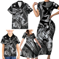 Personalised Maori Romantic Valentine Family Matching Short Sleeve Bodycon Dress and Hawaiian Shirt The Hongi Kiss Black Galaxy