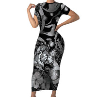 Personalised Maori Romantic Valentine Family Matching Short Sleeve Bodycon Dress and Hawaiian Shirt The Hongi Kiss Black Galaxy