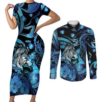 Personalised Maori Romantic Valentine Couples Matching Short Sleeve Bodycon Dress and Long Sleeve Button Shirt The Hongi Kiss Blue Galaxy