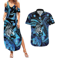 Personalised Maori Romantic Valentine Couples Matching Summer Maxi Dress and Hawaiian Shirt The Hongi Kiss Blue Galaxy