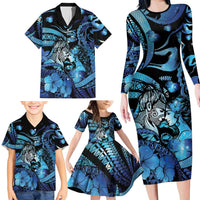 Personalised Maori Romantic Valentine Family Matching Long Sleeve Bodycon Dress and Hawaiian Shirt The Hongi Kiss Blue Galaxy