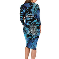Personalised Maori Romantic Valentine Family Matching Long Sleeve Bodycon Dress and Hawaiian Shirt The Hongi Kiss Blue Galaxy