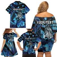 Personalised Maori Romantic Valentine Family Matching Off Shoulder Short Dress and Hawaiian Shirt The Hongi Kiss Blue Galaxy