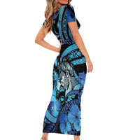 Personalised Maori Romantic Valentine Short Sleeve Bodycon Dress The Hongi Kiss Blue Galaxy