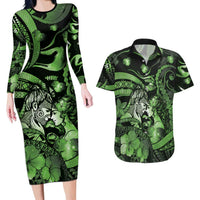 Personalised Maori Romantic Valentine Couples Matching Long Sleeve Bodycon Dress and Hawaiian Shirt The Hongi Kiss Green Galaxy