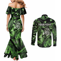 Personalised Maori Romantic Valentine Couples Matching Mermaid Dress and Long Sleeve Button Shirt The Hongi Kiss Green Galaxy DT05 - Polynesian Pride