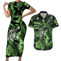 Personalised Maori Romantic Valentine Couples Matching Short Sleeve Bodycon Dress and Hawaiian Shirt The Hongi Kiss Green Galaxy