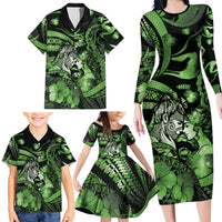 Personalised Maori Romantic Valentine Family Matching Long Sleeve Bodycon Dress and Hawaiian Shirt The Hongi Kiss Green Galaxy