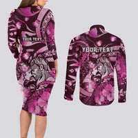 Personalised Maori Romantic Valentine Couples Matching Long Sleeve Bodycon Dress and Long Sleeve Button Shirt The Hongi Kiss Pink Galaxy