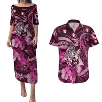 Personalised Maori Romantic Valentine Couples Matching Puletasi and Hawaiian Shirt The Hongi Kiss Pink Galaxy