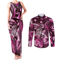 Personalised Maori Romantic Valentine Couples Matching Tank Maxi Dress and Long Sleeve Button Shirt The Hongi Kiss Pink Galaxy DT05 Pink - Polynesian Pride