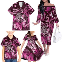 Personalised Maori Romantic Valentine Family Matching Off The Shoulder Long Sleeve Dress and Hawaiian Shirt The Hongi Kiss Pink Galaxy DT05 - Polynesian Pride