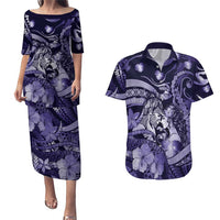 Personalised Maori Romantic Valentine Couples Matching Puletasi and Hawaiian Shirt The Hongi Kiss Purple Galaxy