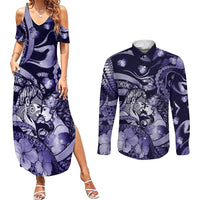 Personalised Maori Romantic Valentine Couples Matching Summer Maxi Dress and Long Sleeve Button Shirt The Hongi Kiss Purple Galaxy