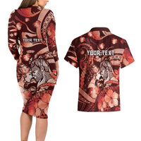 Personalised Maori Romantic Valentine Couples Matching Long Sleeve Bodycon Dress and Hawaiian Shirt The Hongi Kiss Red Galaxy