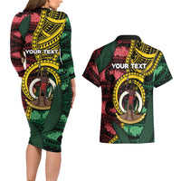 Personalised Vanuatu Independence Day Couples Matching Long Sleeve Bodycon Dress and Hawaiian Shirt Boar Tusk Warrior Tribal Floral Patterns DT05 - Polynesian Pride