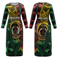 Personalised Vanuatu Independence Day Couples Matching Long Sleeve Bodycon Dress and Hawaiian Shirt Boar Tusk Warrior Tribal Floral Patterns DT05 - Polynesian Pride
