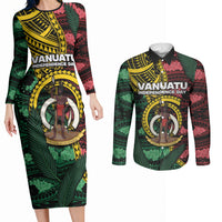 Personalised Vanuatu Independence Day Couples Matching Long Sleeve Bodycon Dress and Long Sleeve Button Shirt Boar Tusk Warrior Tribal Floral Patterns DT05 Multicolor - Polynesian Pride