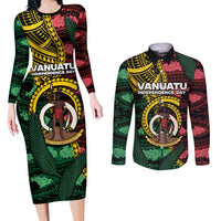 Personalised Vanuatu Independence Day Couples Matching Long Sleeve Bodycon Dress and Long Sleeve Button Shirt Boar Tusk Warrior Tribal Floral Patterns DT05 Multicolor - Polynesian Pride