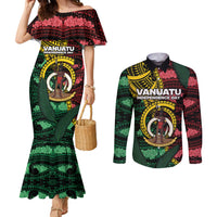 Personalised Vanuatu Independence Day Couples Matching Mermaid Dress and Long Sleeve Button Shirt Boar Tusk Warrior Tribal Floral Patterns DT05 Multicolor - Polynesian Pride