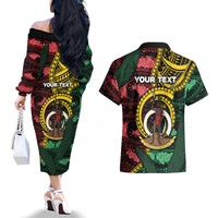 Personalised Vanuatu Independence Day Couples Matching Off The Shoulder Long Sleeve Dress and Hawaiian Shirt Boar Tusk Warrior Tribal Floral Patterns DT05 - Polynesian Pride
