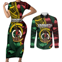 Personalised Vanuatu Independence Day Couples Matching Short Sleeve Bodycon Dress and Long Sleeve Button Shirt Boar Tusk Warrior Tribal Floral Patterns DT05 Multicolor - Polynesian Pride