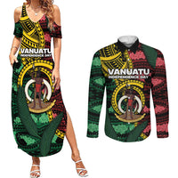Personalised Vanuatu Independence Day Couples Matching Summer Maxi Dress and Long Sleeve Button Shirt Boar Tusk Warrior Tribal Floral Patterns DT05 Multicolor - Polynesian Pride