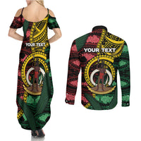 Personalised Vanuatu Independence Day Couples Matching Summer Maxi Dress and Long Sleeve Button Shirt Boar Tusk Warrior Tribal Floral Patterns DT05 - Polynesian Pride