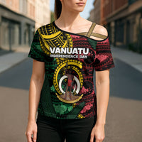 Personalised Vanuatu Independence Day Cross Shoulder Shirt Boar Tusk Warrior Tribal Floral Patterns DT05 - Polynesian Pride
