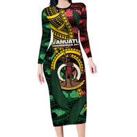Personalised Vanuatu Independence Day Family Matching Long Sleeve Bodycon Dress and Hawaiian Shirt Boar Tusk Warrior Tribal Floral Patterns DT05 Mom's Dress Multicolor - Polynesian Pride