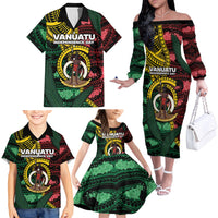 Personalised Vanuatu Independence Day Family Matching Off The Shoulder Long Sleeve Dress and Hawaiian Shirt Boar Tusk Warrior Tribal Floral Patterns DT05 - Polynesian Pride
