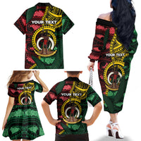 Personalised Vanuatu Independence Day Family Matching Off The Shoulder Long Sleeve Dress and Hawaiian Shirt Boar Tusk Warrior Tribal Floral Patterns DT05 - Polynesian Pride
